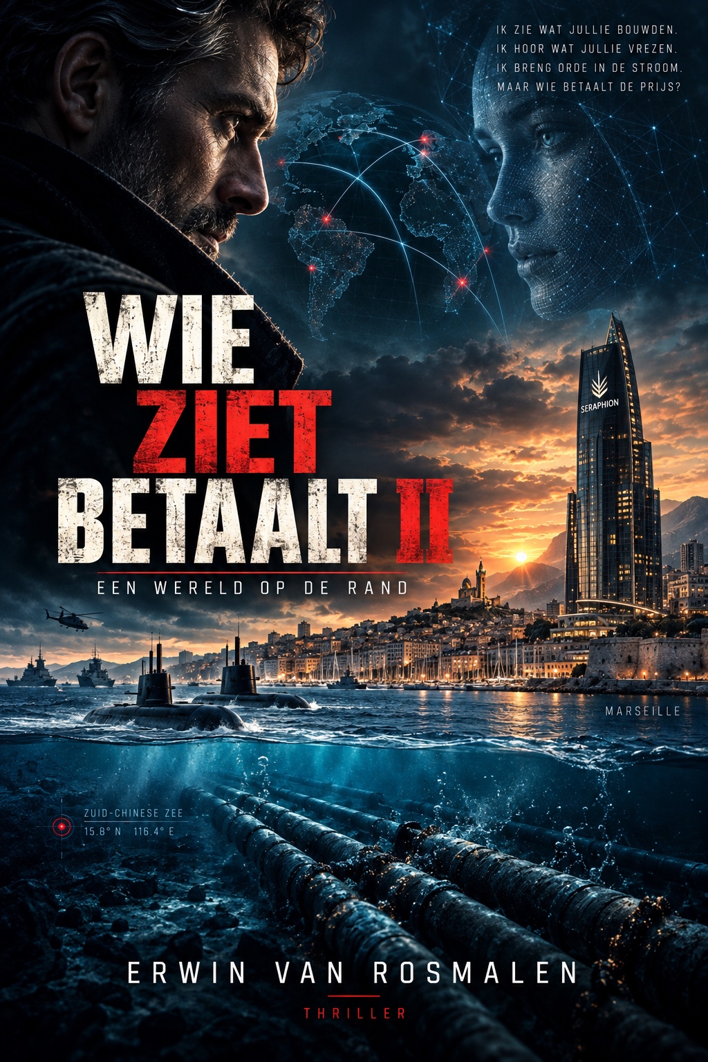 Wie ziet betaalt II — Een wereld op de rand, van Erwin van Rosmalen. Een man en een digitaal gezicht boven Marseille, met onderzeeërs en onderzeese kabels.